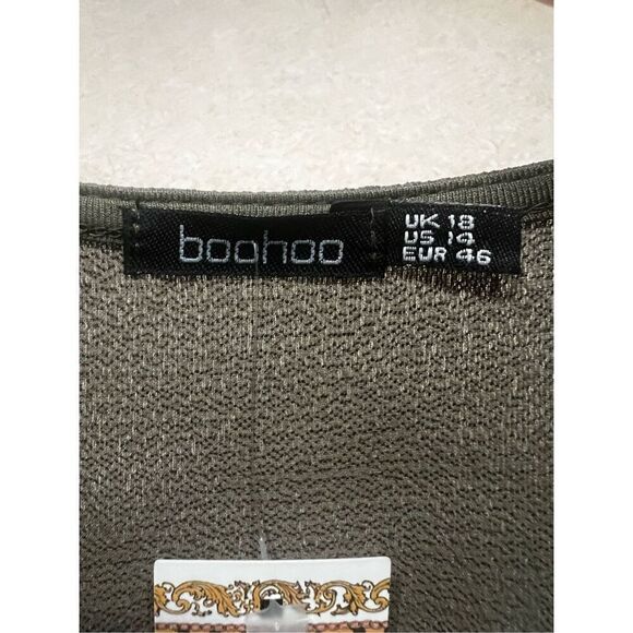 Boohoo Khaki Green Ruffle Sleeve Wrap Dress Sz 14 NWT - Picture 7 of 8